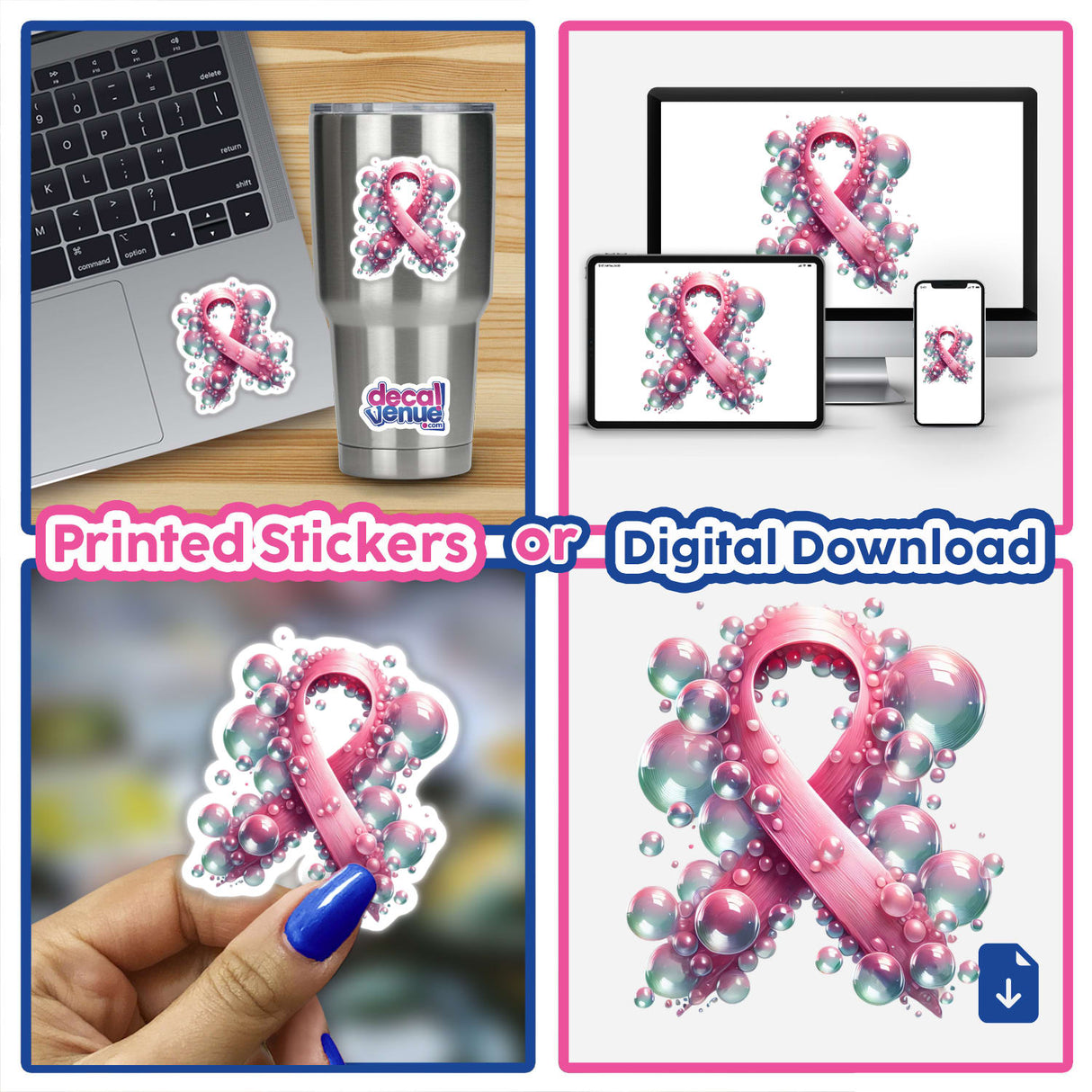 Collage of pink ribbon stickers and digital artwork for breast cancer awareness, featuring designs with bubbles, various close-ups, and applications on a laptop and nails.