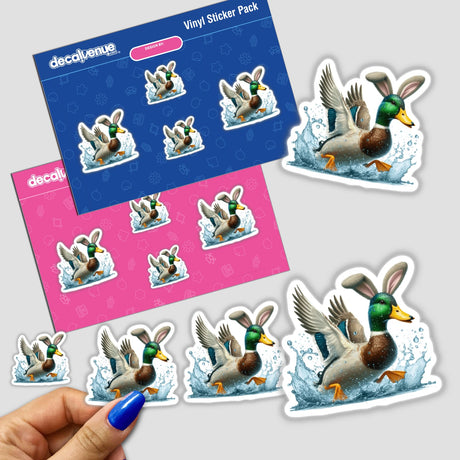 Mallard Duck with Bunny Ears Splashing stickers, featuring playful cartoon ducks running through water with bunny ears, ideal for vinyl stickers or digital art, by Decal Venue.