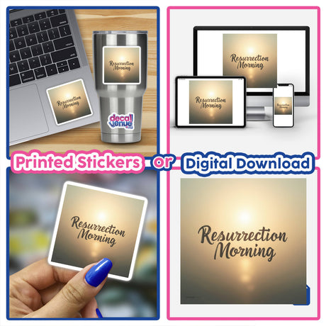 Resurrection Morning - Christian Easter Sticker or Clipart featuring a collage of laptops, a hand with a blue-painted nail holding a card, emphasizing versatile use as digital artwork or stickers.