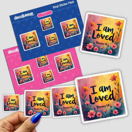 I Am Loved - Romans 5:8 sticker featuring floral designs, held by a hand, showcasing uplifting Bible verse, available as digital artwork or clipart with commercial rights.