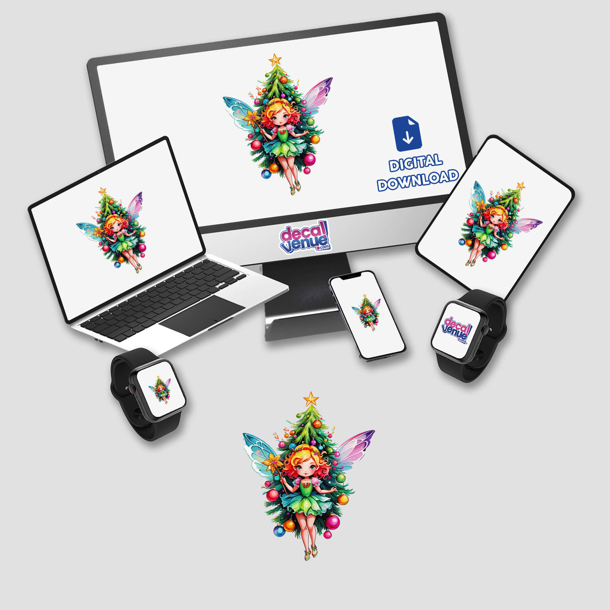 Sticker Design: Enchanting Christmas Tree Fairy with Festive Sparkles displayed on a laptop and computer monitor. The fairy cartoon adds a magical, festive touch, perfect for stickers or digital artwork.