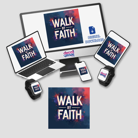 Walk by Faith Christian Sticker featuring a Bible verse. Displayed on a laptop screen alongside a computer monitor, phone, tablet, and smartwatch, highlighting its versatility as a digital artwork or sticker.