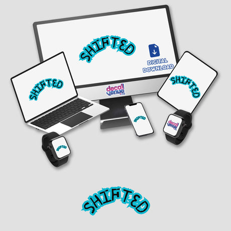 Shifted- in Aquamarine sticker or digital art featuring a sleek computer monitor, laptop, and smartwatch, capturing modern technology themes, perfect for tech enthusiasts or digital art collectors.