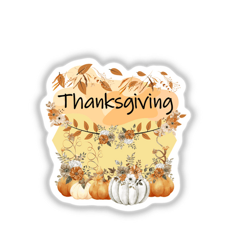 Thanksgiving Greetings card featuring pumpkins and flowers, available as stickers or digital artwork, capturing festive warmth with illustrated details.