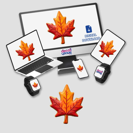 Maple Leaf Shaped Cookie with Red and Orange Autumn Colors displayed on a computer monitor and laptop screen. Available as Stickers or Digital Artwork from Decal Venue.