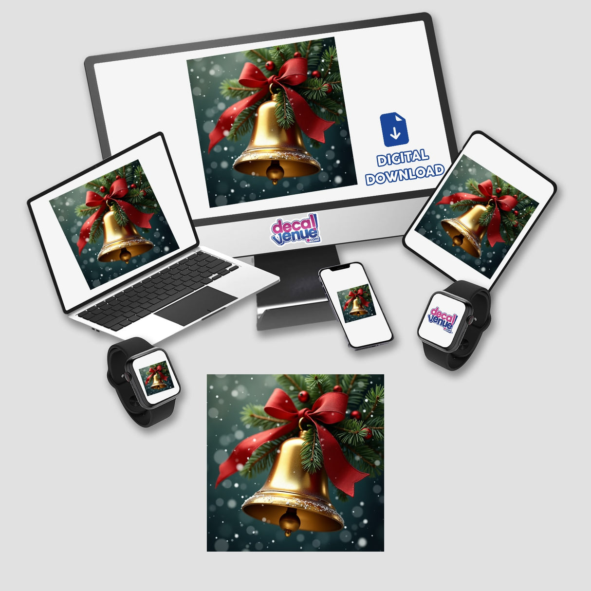 Christmas Bell Envelope Seal Stickers feature a gold bell with a red bow, perfect for holiday cards and gifts. Shown on screens, laptop, and devices as digital artwork.