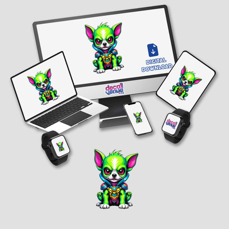 Cute Puppy From Outer Space displayed on a computer monitor and laptop, featuring cartoon dogs. Available as stickers or digital artwork from Decal Venue, known for unique designs.