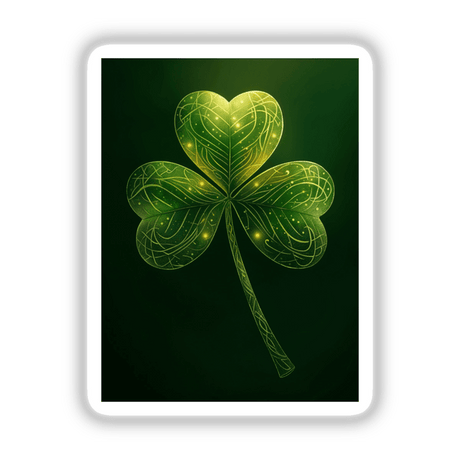 Mystical Shamrock – Green Clover with Glowing Gold Swirls, available as stickers or digital artwork, showcases a detailed four-leaf clover design highlighted by intricate golden patterns.