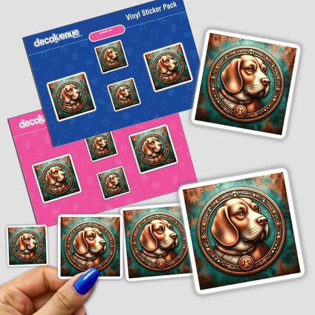 Realistic digital artwork of a smiling beagle dog in a vintage framed medallion design, displayed as a collection of stickers on a product packaging.