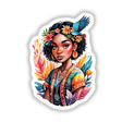 Boho Chic Afro Woman: Free-Spirited Wanderer Sticker featuring a cartoon woman with flowers in her hair, colorful scarf, and bohemian accessories. Available as stickers or digital artwork.