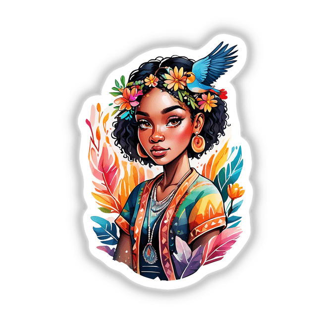 Boho Chic Afro Woman: Free-Spirited Wanderer Sticker featuring a cartoon woman with flowers in her hair, colorful scarf, and bohemian accessories. Available as stickers or digital artwork.