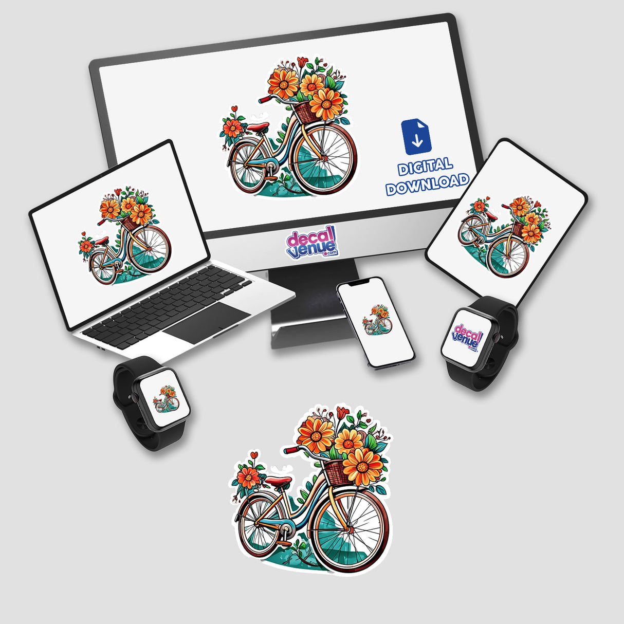 Colorful floral bicycle sticker, featuring a vintage-style bicycle adorned with vibrant flowers and plants. The image displays the sticker on various digital devices, showcasing its versatility as a digital artwork product available at Decal Venue, an online store specializing in unique stickers and designs.