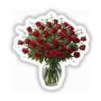 Stunning Red Roses Bouquet Clipart - Stickers or Commercial Use Download, featuring a detailed vase of red roses with lush leaves, perfect for floral design projects.