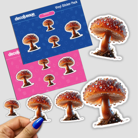 Stickers featuring the design Beautiful Mushroom with Dew Drops, showcasing a close-up of mushrooms adorned with intricate dew drops. Available as physical stickers or digital artwork.