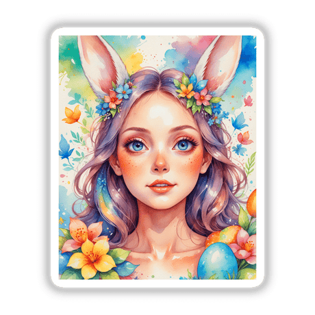 A Cute Easter Bunny Girl artwork featuring a cartoon-like girl with bunny ears and flowers, available as stickers or digital art, perfect for Easter celebrations.