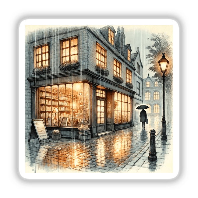 Charming Bookstore on a Rainy Day digital artwork depicts a whimsical street scene with a vintage bookstore, perfect for cozy, nostalgic decor. Available as stickers or digital downloads.