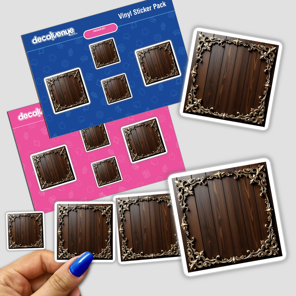 Art Nouveau Wooden Frame Clipart - Digital Download featuring intricate patterns, ideal for quotes and social media. Close-up of a hand holding the sticker pack, showcasing detailed ornate designs.