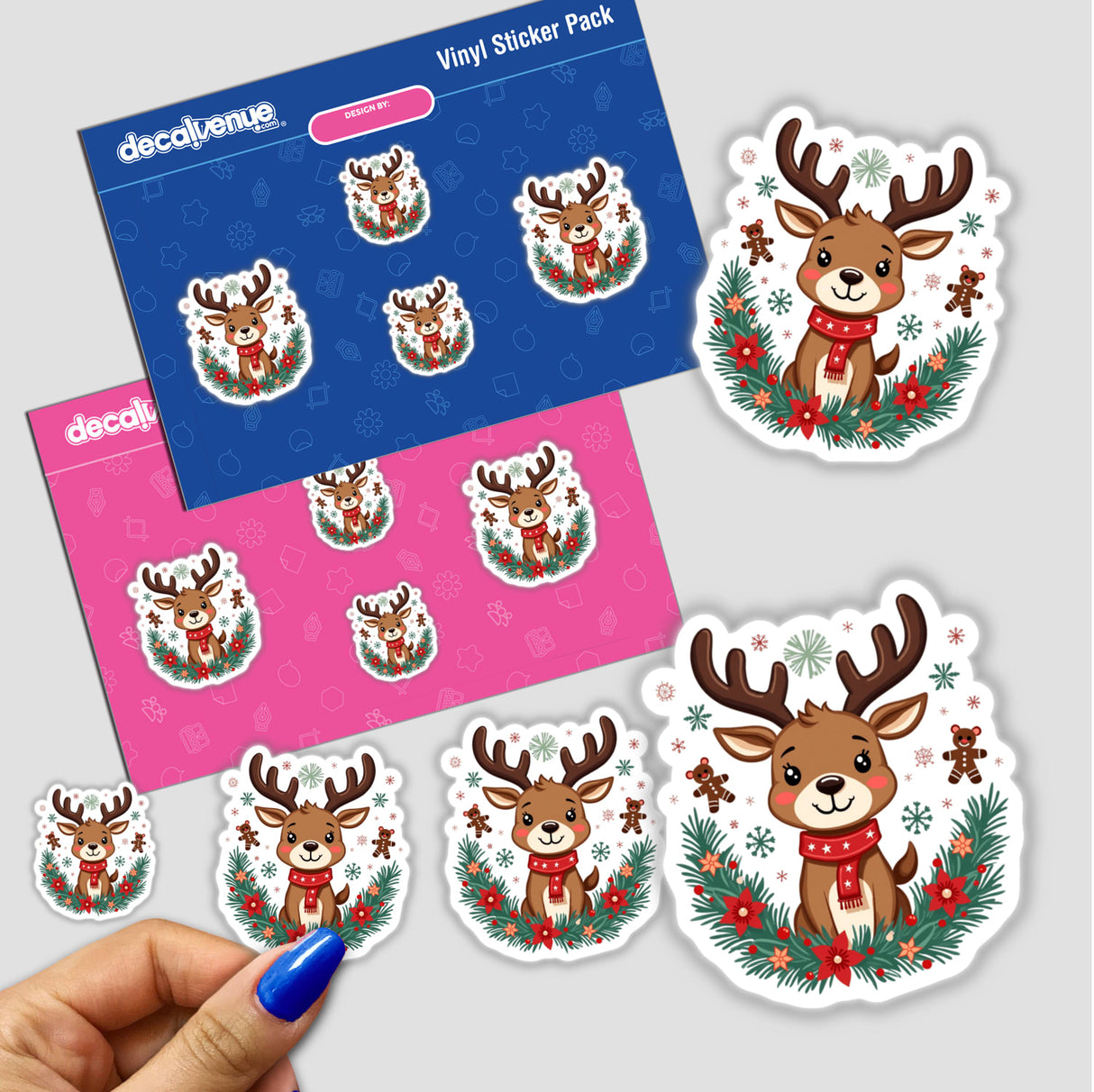 Adorable Reindeer Cartoon Festive Christmas stickers featuring a reindeer with a scarf and wreath, available in a pack.