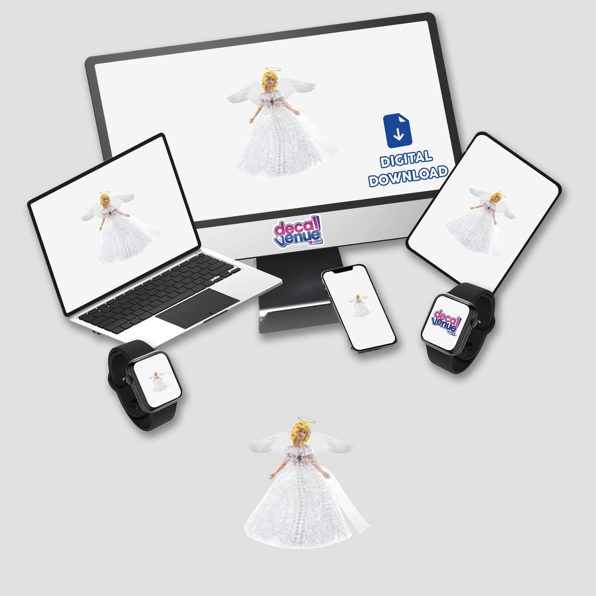 White Angel: A digital artwork featuring a woman in a white dress with wings and a halo, displayed on a computer and laptop screen. Available as stickers or digital art.