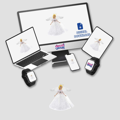 White Angel: A digital artwork featuring a woman in a white dress with wings and a halo, displayed on a computer and laptop screen. Available as stickers or digital art.