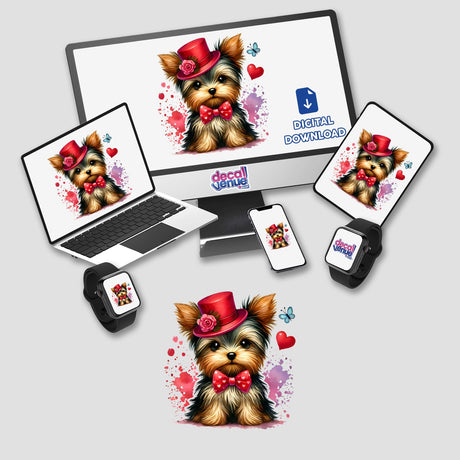 Watercolor Valentine Yorkie Dog displayed on a computer monitor and laptop, showcasing the digital artwork option. The dog wears a hat and bow tie, available as stickers or digital art.