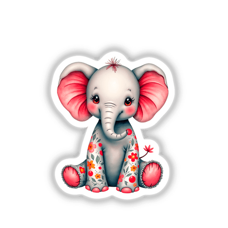 Cute Elephant With Flowers sticker or digital art featuring a cartoon elephant embellished with floral patterns, red eyes, and pink cheeks, capturing the whimsical style of Decal Venue's unique collection.