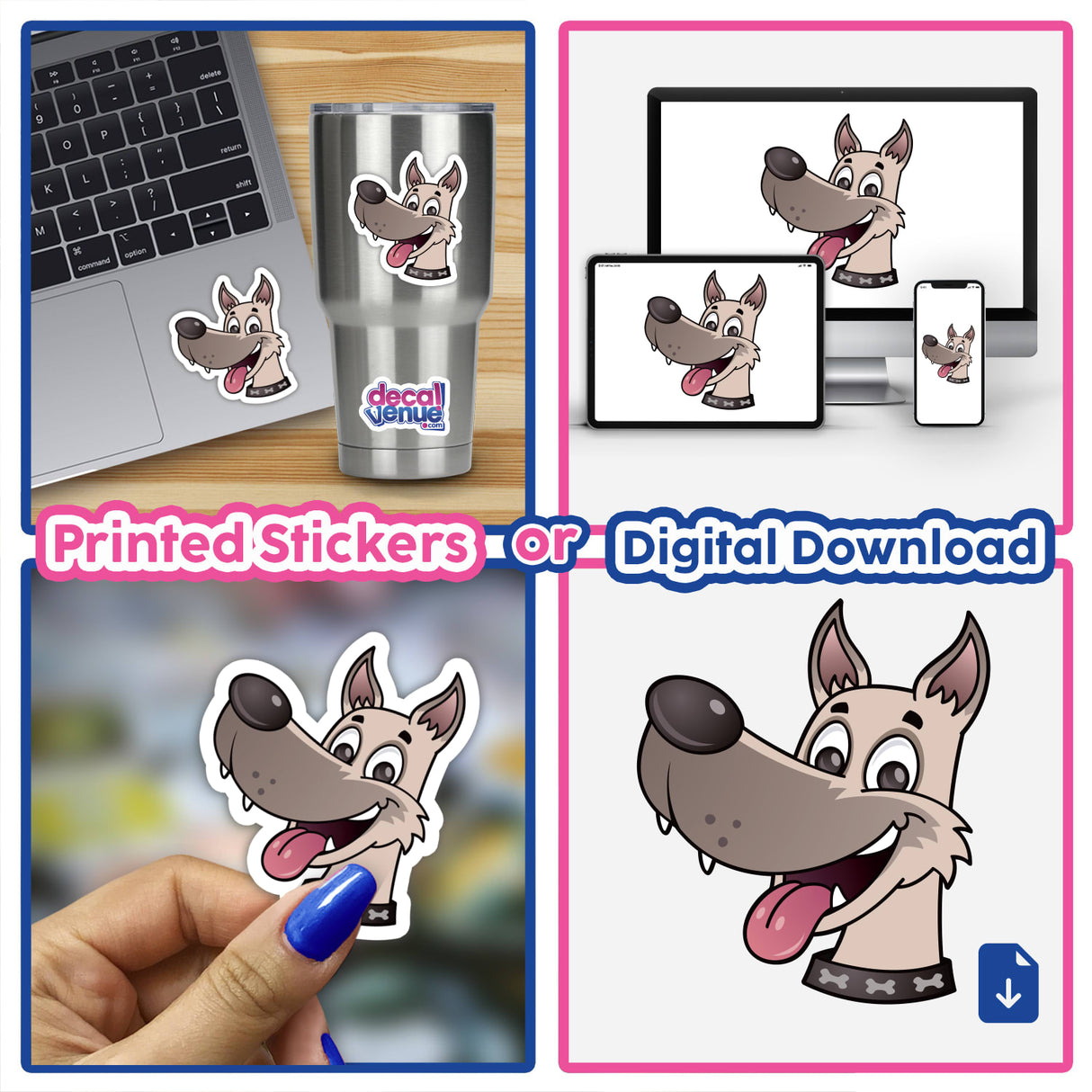 Collage showcasing Happy Dog stickers, featuring cartoon dogs with tongues out and phones, displayed on a laptop and mug. Available as a Sticker Pack or individually.