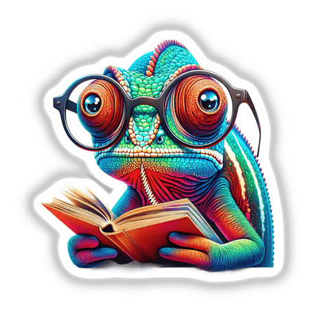 Chameleon With Reading Glasses Open Book: An artistic illustration of a chameleon wearing glasses, engrossed in reading a book, available as stickers or digital artwork at Decal Venue.