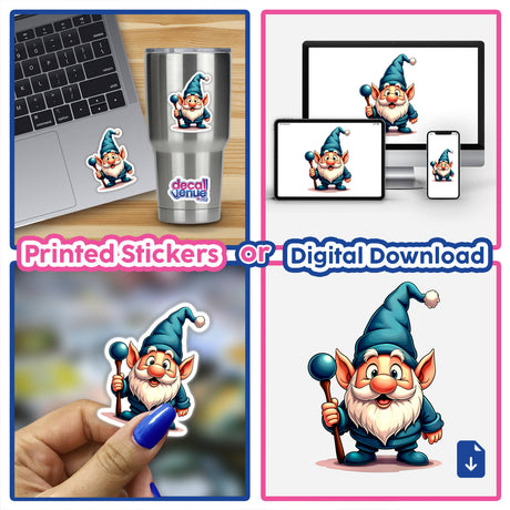 A Funny Magical Gnome depicted in various cartoon poses, available as vinyl stickers or digital artwork, featuring a whimsical gnome character holding a staff, perfect for fans of unique digital art.