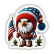 Patriotic eagle gnome with USA flag, wearing knitted cap and holding American flag in digital artwork.