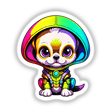 Cartoon of Cute Puppy From Outer Space with a rainbow hat, available as stickers or digital artwork from Decal Venue, known for unique stickers and digital art.