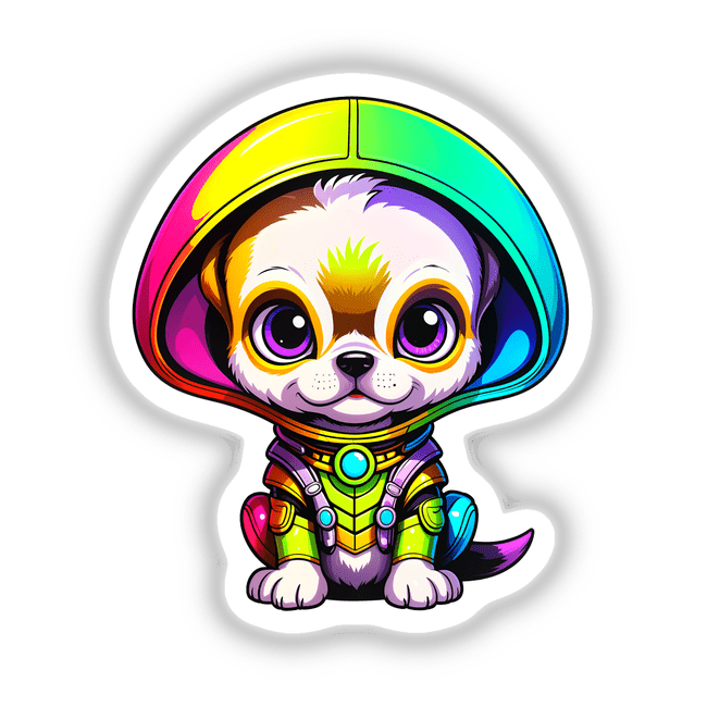 Cartoon of Cute Puppy From Outer Space with a rainbow hat, available as stickers or digital artwork from Decal Venue, known for unique stickers and digital art.