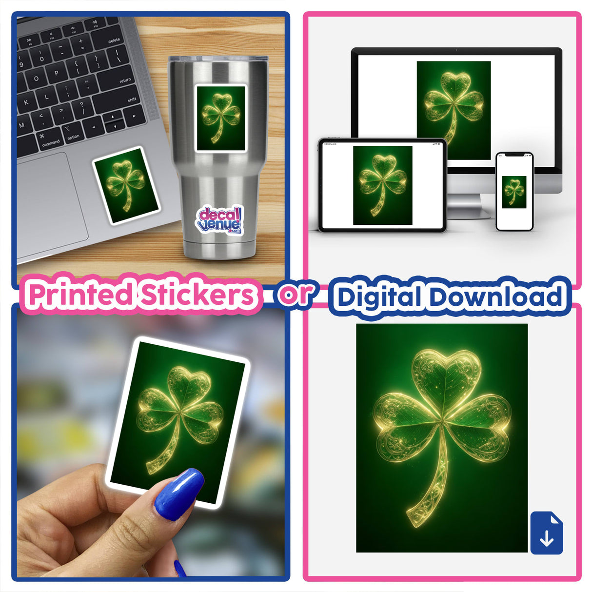 Radiant Shamrock – Glowing Golden Clover with Intricate Celtic Details featured as a collage of stickers and digital artwork, showcasing its versatile designs on various surfaces like laptops and cups.