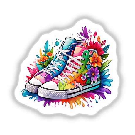 Dope Floral High-Top Sneakers Sticker featuring colorful shoes adorned with various floral designs.