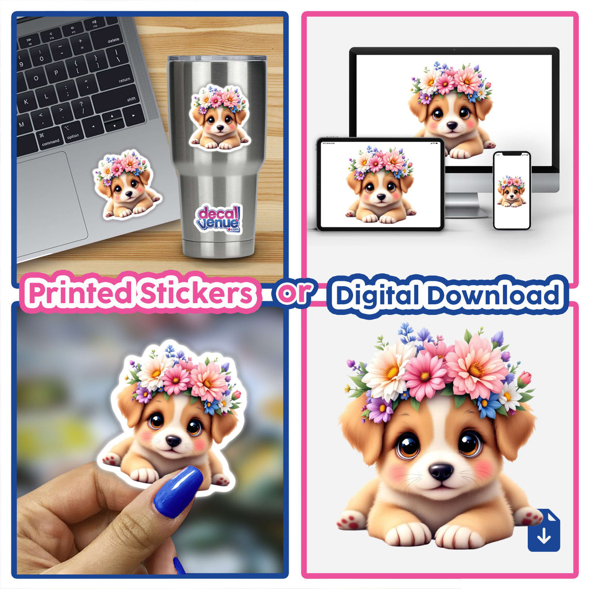 Playful Puppy with a Springtime Flower Crown sticker on a laptop, featuring a cartoon dog with flowers on its head. Available as stickers or digital artwork from Decal Venue.