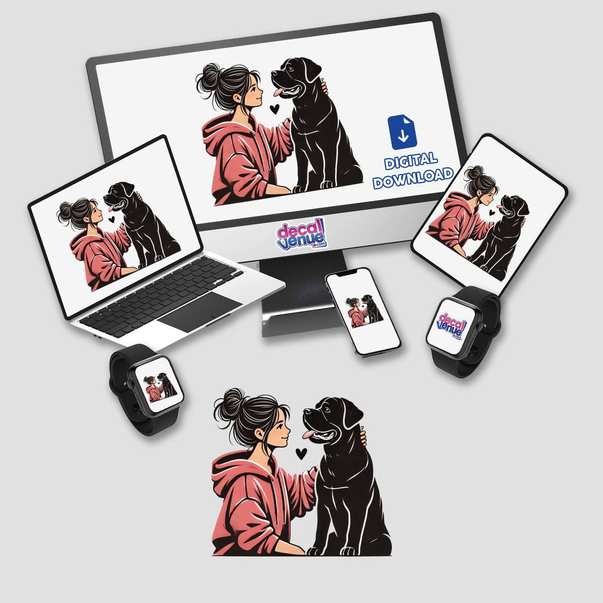 Lady Loves Her Rottweiler Dog sticker or digital art featuring a cartoon girl holding a cup, a laptop screen showing a dog image, and a phone with a woman and dog illustration.