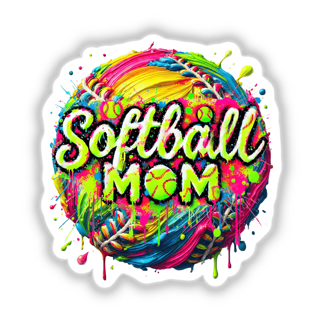 Softball Mom Neon Splatter Drip Art featuring a vibrant, psychedelic design perfect for unique stickers or digital artwork, reflecting Decal Venue's creative and colorful aesthetic.