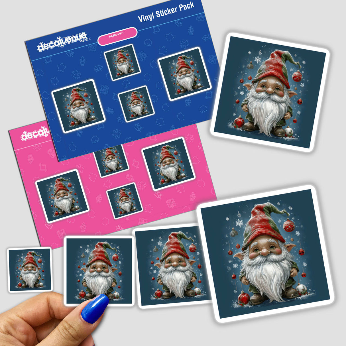 Holiday Gnome Envelope Seal Stickers featuring charming gnomes with beards and red hats, ideal for festive card and gift decoration, shown held in a hand with blue nail polish.