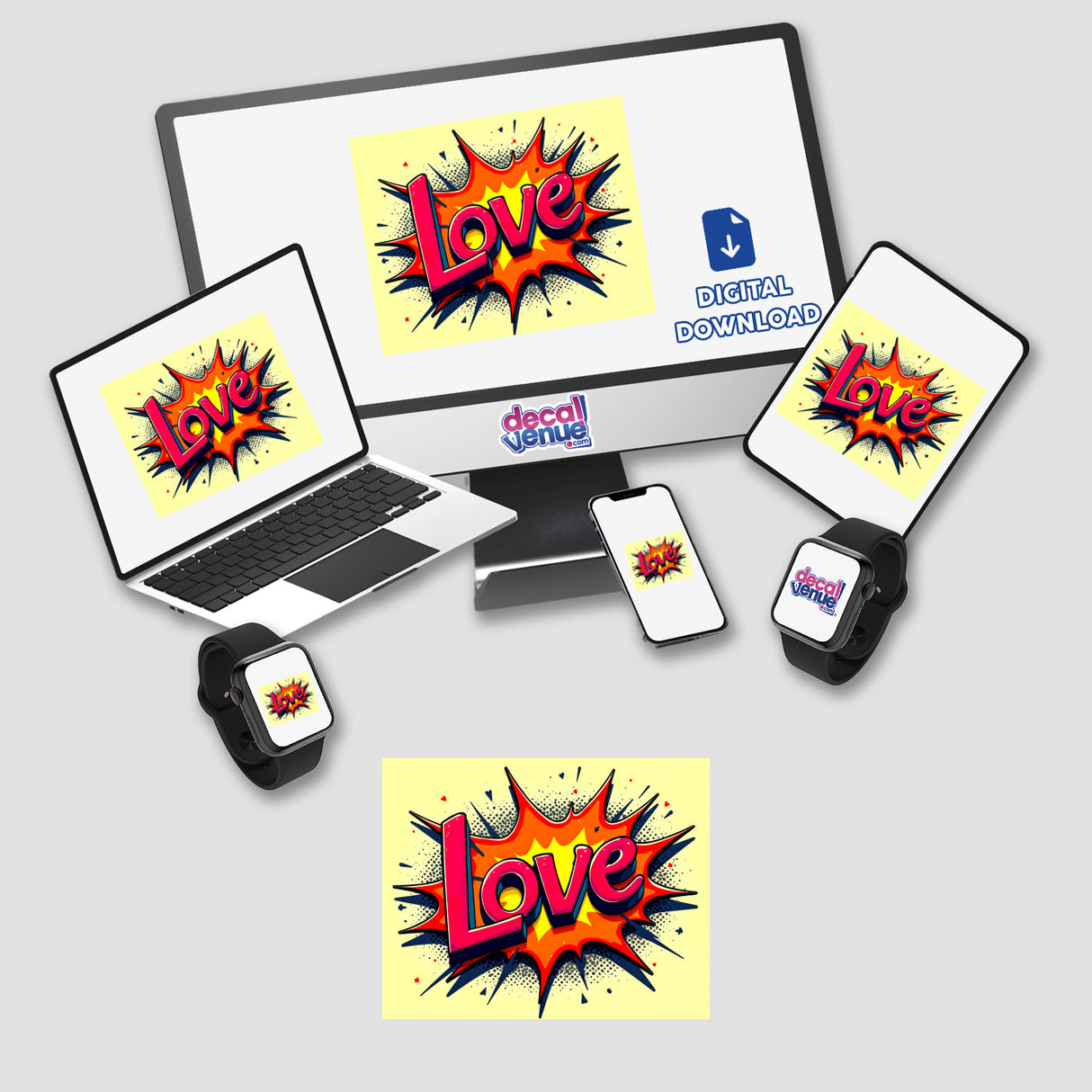 Love Valentine's Day-themed digital artwork featuring vibrant text and motifs, displayed across a laptop, tablet, and smartwatch screens, available as stickers or digital art from Decal Venue.