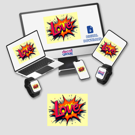 Love Valentine's Day-themed digital artwork featuring vibrant text and motifs, displayed across a laptop, tablet, and smartwatch screens, available as stickers or digital art from Decal Venue.