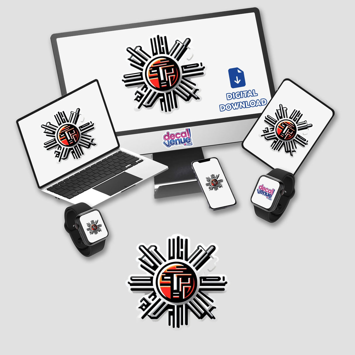 Computer monitor, laptop, and various devices displaying the Sun logo, available as stickers or digital artwork from Decal Venue.