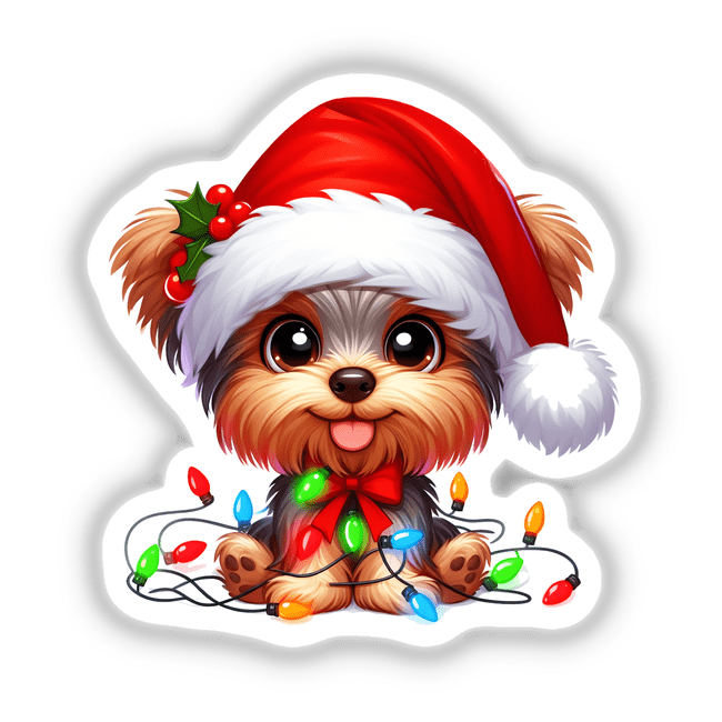 Christmas Santa Yorkie Dog in Lights sticker or digital artwork featuring a cartoon Yorkie wearing a Santa hat, holding colorful Christmas lights playfully, perfect for festive decoration or digital use.