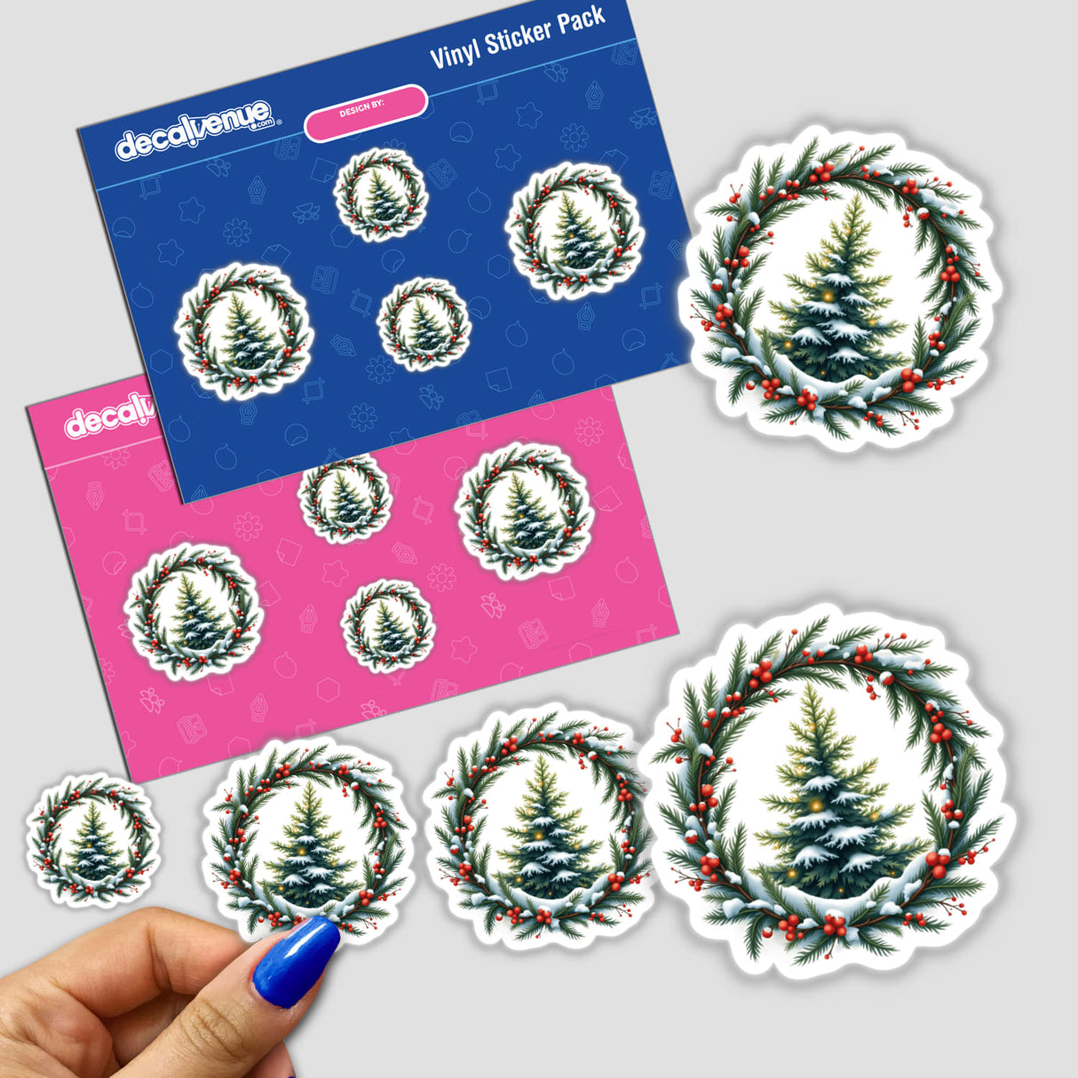 Snow-Covered Pine Tree in a Christmas Wreath sticker, featuring intricate tree and wreath designs. Available as stickers or digital artwork, highlighting Decal Venue's unique collection of festive-themed products.