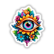 Floral Rainbow Third Eye: Sticker Design featuring a vibrant eye surrounded by intricate, colorful flowers, capturing a blend of psychedelic and fractal art elements. Available as Stickers or Digital Artwork.