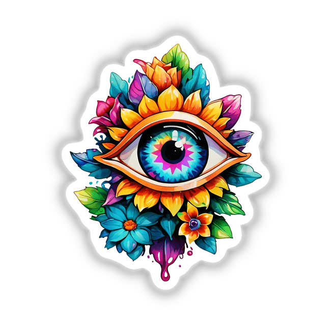 Floral Rainbow Third Eye: Sticker Design featuring a vibrant eye surrounded by intricate, colorful flowers, capturing a blend of psychedelic and fractal art elements. Available as Stickers or Digital Artwork.