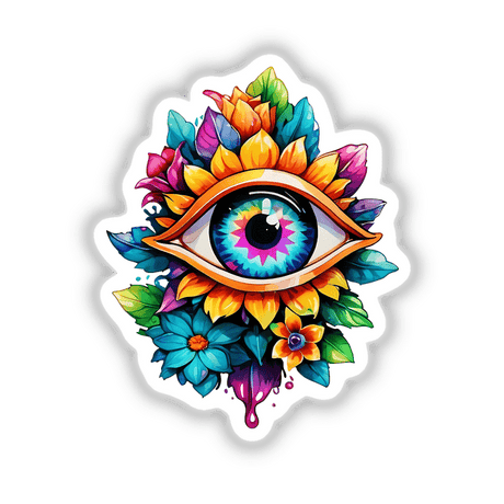 Floral Rainbow Third Eye: Sticker Design featuring a vibrant eye surrounded by intricate, colorful flowers, capturing a blend of psychedelic and fractal art elements. Available as Stickers or Digital Artwork.