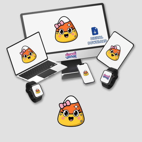 Kawaii Candy Corn Sticker – Adorable Halloween Treat featuring a cartoon candy corn on various devices, highlighting its versatility as a sticker or digital artwork from Decal Venue.