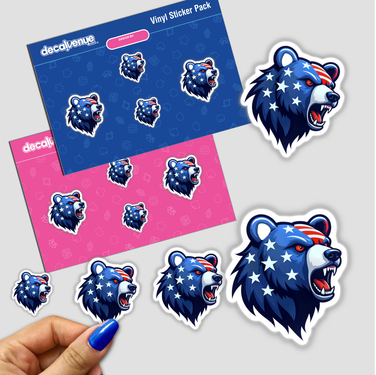 A Cool American Flag Bear sticker featuring a bear head adorned with stars and stripes, representing the American flag, available as a sticker or digital artwork from Decal Venue.