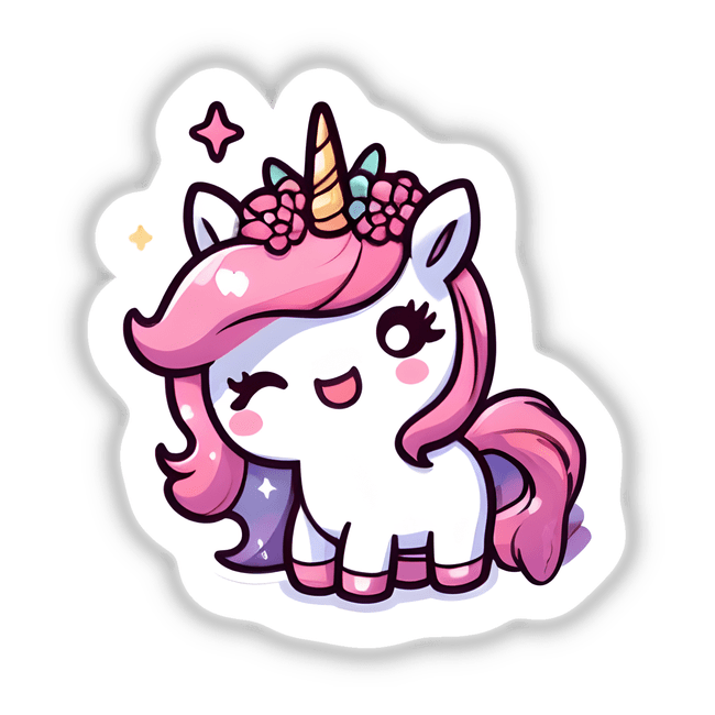 Adorable pink unicorn sticker with floral crown and sparkling accents