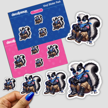 Digital artwork featuring stylized patriotic leather aviator sunglasses-wearing skunk characters, available as stickers or digital downloads from Decal Venue.